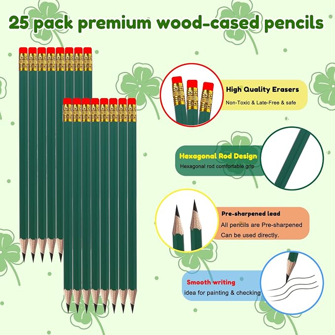 Adhere 25pcs Woodcase Pencils with Eraser Premium Pre-Sharpened Hexagon Graphite 2B pencils ideal for home, office writing including a Free Sharpener.(Dark Green)