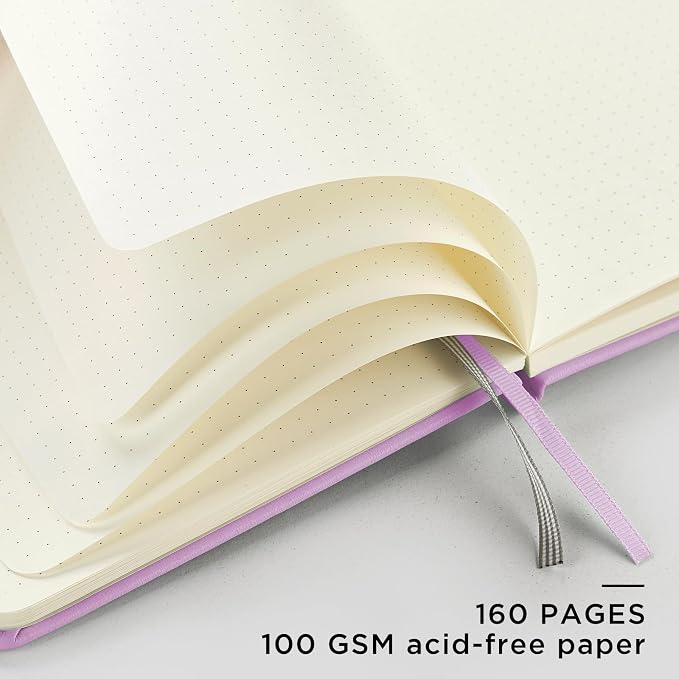 &And Per Se Dotted Journal Notebook, A5 Hardcover Leather Dotted Journal, 160 Pages 100gsm Thick Dot Grid Paper, 3 Sheets of Stickers Included - 5.7'' x 8'' (Light lavender)