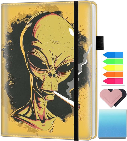 A5 Leather Lined Journal Notebook, 200 Pages Hardcover Executive Notebook for Office School Note Taking, Thick Writing Paper Daily Journal with Bookmarks/Indexes,Weed Smoking Space Alien