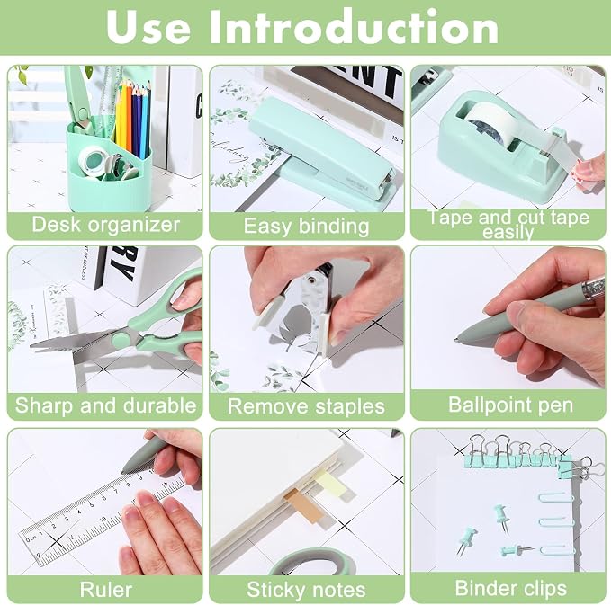 Marspark Sage Green Desk Accessories Office Supplies Set, 12 Pcs | 360° Rotating Pen Holder, Stapler, Tape Dispenser, Scissor, Sticky Notes, Binder Clips, Desk Organizers Gift for School