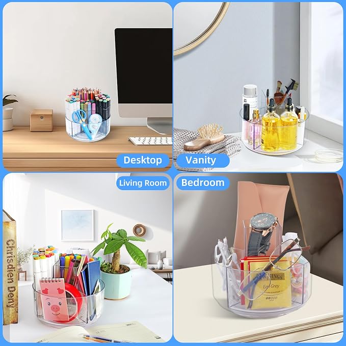 Pencil Holder for Desk, 360-Degree Rotating Pen Marker Crayon Organizer, Spinning Acrylic Desk Pen Organizer Storage, 5 Slots Large Capcaity Caddy for Home Office School Kids Art Supplies