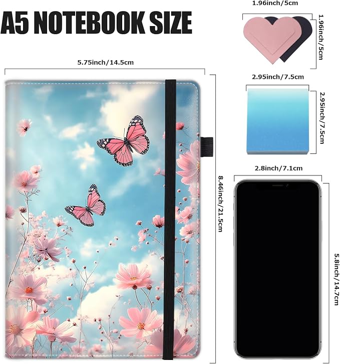Hardcover Executive Notebooks, A5 PU Leather Lined Journal Notebook, 200 Pages Thick Paper Subject Notebooks for School,Work,Home Writing Business Notebook, Diary Book ，Butterflies and Pink Flowers