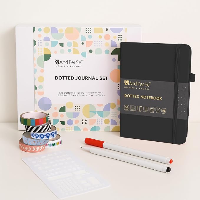 &And Per Se Dotted Journal Kit, A5 Hardcover Dot Grid Journal Notebook Set for Beginners with Journaling Supplies Stencils, Stickers, Washi Tapes & Colored Pens Accessories (Black)