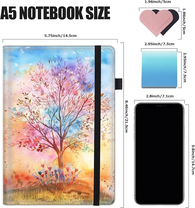 Hardcover Executive Notebooks, A5 PU Leather Lined Journal Notebook, 200 Pages Thick Paper Subject Notebooks for School,Work,Home Writing Business Notebook, Diary Book ，Watercolor Tree Painting