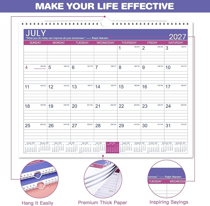 2027 Calendar - 2027 Wall Calendar, JAN 2027 - DEC 2027, 15" x 11.5", 2027 Wall Calendar 12 Month with Hanging Hook, Perfect for School, Home, Office Organization - Floral