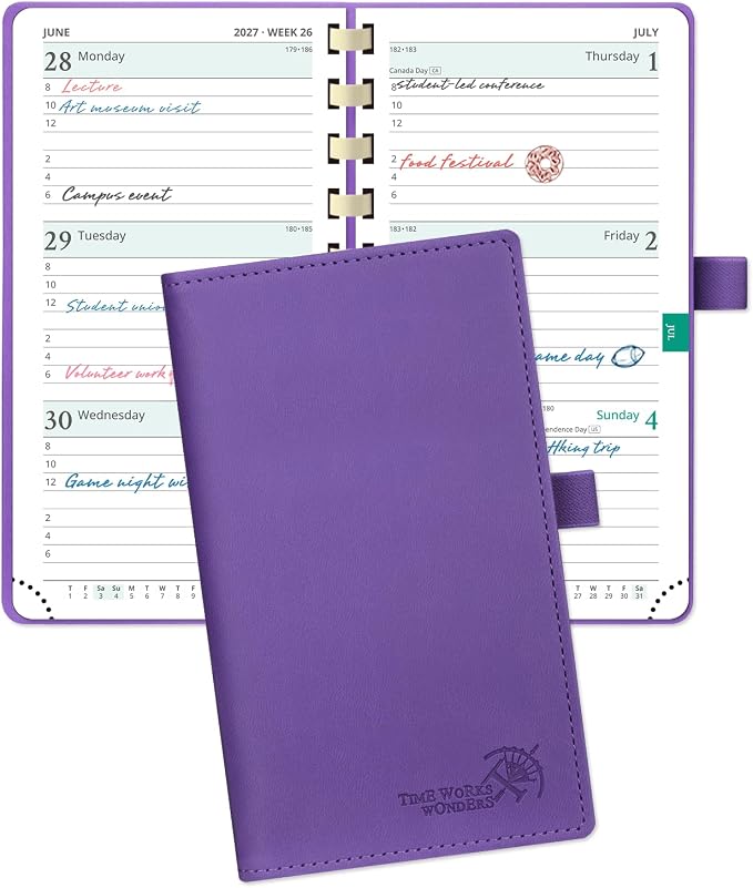 POPRUN 2027 Pocket Planner (Slim 3.5'' x 6.5'') Weekly and Monthly Calendar | 2027 Pocket Calendar(Jan - Dec) Appointment Book with Hourly Time Slots, Monthly Tabs, Spiral Leather Cover - Purple