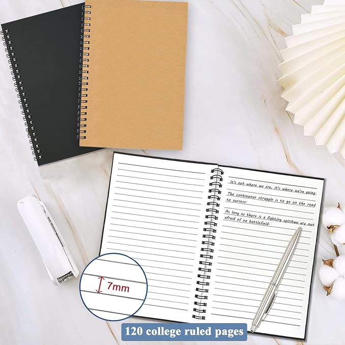 GINMLYDA Small Spiral Notebook A5, 2Pack 120 Lined Pages 8.25x5.5 Inches Spiral Journal Kraft Cover Notebooks & Writing Pads for School Home Office Aesthetic Sketch Drawing Note