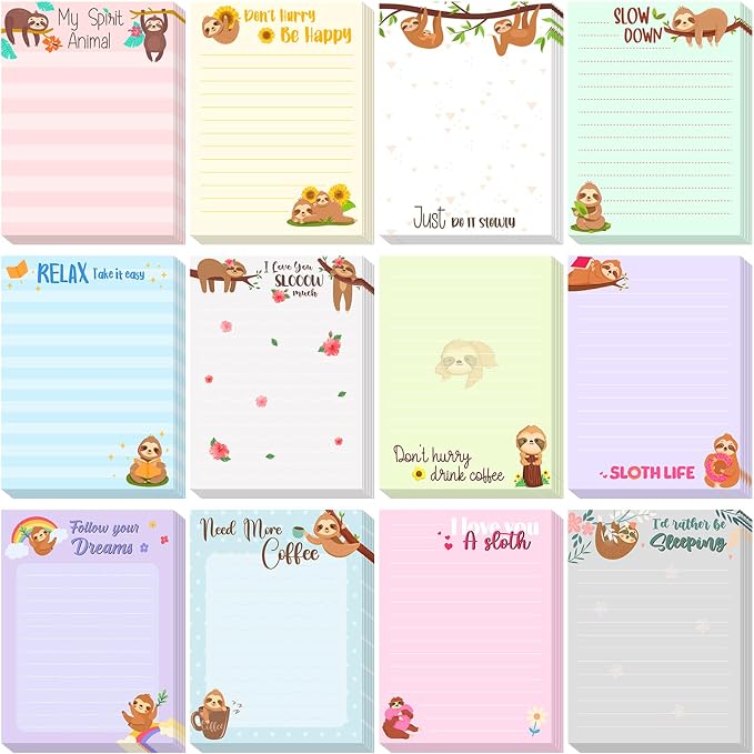 Chiisong 12 Pieces Sloth Sticky Notes 3x4 Inch Cute Cartoon Sloth Gifts Memo Notes for Animal Lovers Women Animal to Do List for Office Friends Lazy Day Holidays Gifts