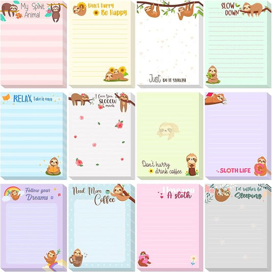 Chiisong 12 Pieces Sloth Sticky Notes 3x4 Inch Cute Cartoon Sloth Gifts Memo Notes for Animal Lovers Women Animal to Do List for Office Friends Lazy Day Holidays Gifts