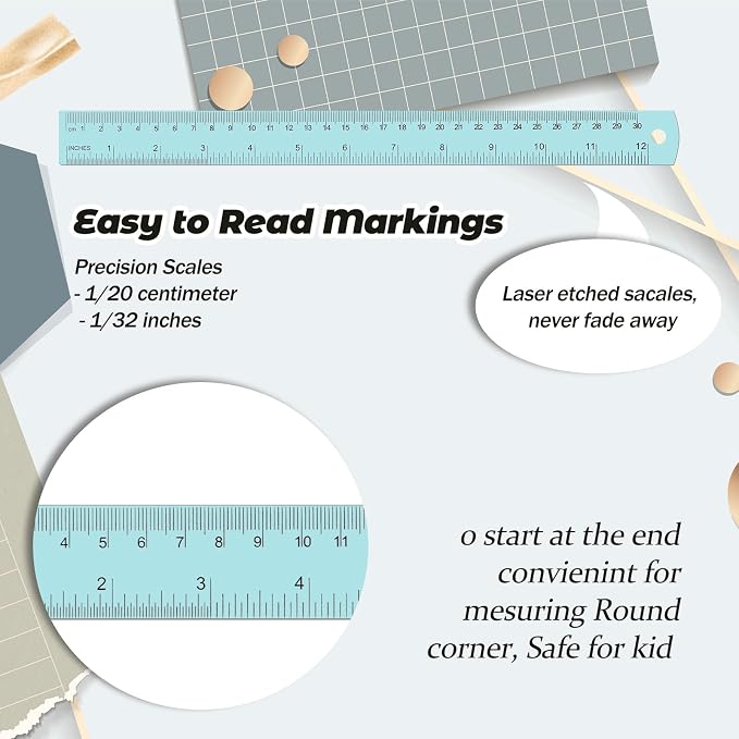 5 Pack Metal Ruler 12 Inch, Stainless Steel Ruler Kit with Centimeters, Millimeters, Inches and Conversion Table for Office and School, Easy to Read Metric Rule Set