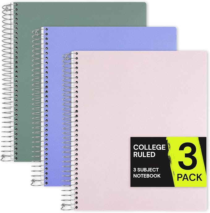 ONAVIA 3 Subject Spiral Notebook College Ruled 3 Pack, 300 Pages | 150 Sheets, 9 x 11 in, 6 Pack Waterproof Plastic Cover, Durable, School Notebooks, Homework, Test Prep