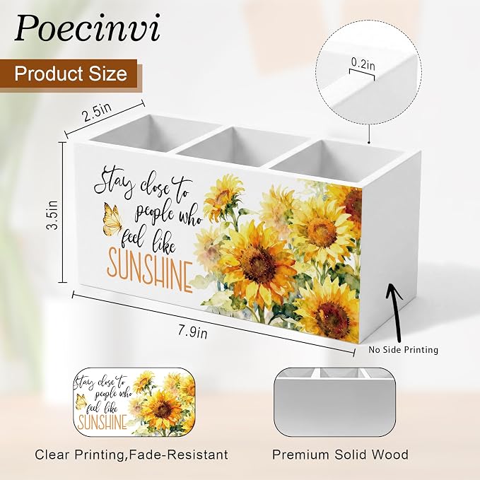 Inspirational Sunflower Pen Holder for Home Office Desk, Stay Close to People Who Feel Like Sunshine Motivational Wooden Box Sign Pencil Holder for Desk Shelf Organizer