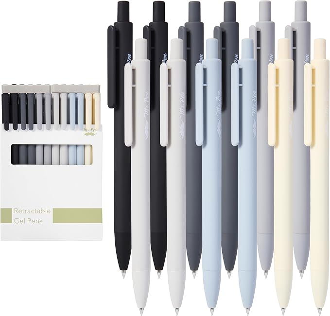 Mr. Pen- Retractable Gel Pens, 12 Pack, Black Ink | Monochrome Elegance Barrel, Fine Point 0.5mm, Fast Dry, Smooth Writing, Cute Pens for Drawing