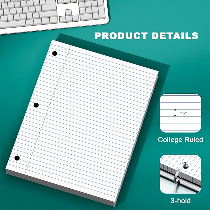 Note Pads 8 X 10.5 Loose Leaf Paper, 100 Sheets, 3 Hole Punched Lined Paper, College Ruled 8 X 10.5 Notebooks, 10-1/2" X 8 Binder Writing Pads, Filler Paper For Engineering, Office, School Supplies