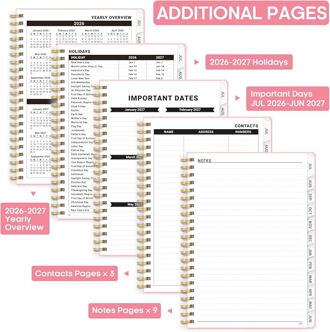 Academic Planner 2026-2027, Weekly and Monthly Calendar Planner Book, July 2026 – June 2027, Hardcover Organizer with Tabs, Perfect for Teachers, Students, Women & Men, A5 (6.4" x 8.5") - Pink