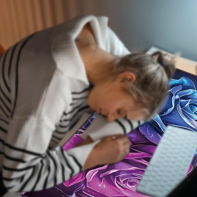 Heated Desk Pad Large Mouse Pad 31.5 x 13 inch with 3 Levels Heating & Auto Shut-Off Warm Mouse pad PU Leather Computer Mousepad for Home Office Work - Blue and Purple Rose Flower