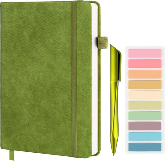 A5 Lined Journal Notebook Set with Pen & Sticky Notes, Hardcover Ruled Notebook 200 Pages Thick Paper, College Ruled Journal for Work Office School, 5.7 x 8.3 in, Green