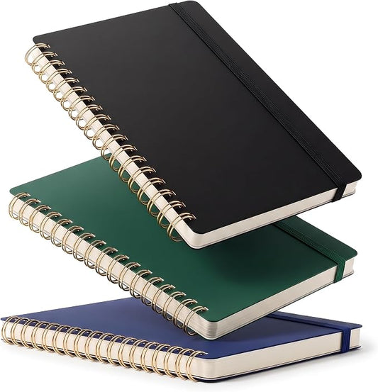 RETTACY Spiral College Ruled Notebook, 140 Pages per Pack, B6 (5" x 7") | 3-Pack, Small Pocket Size, Soft Cardboard Cover, for School, Work, Writing, Journaling (Black & Dark Green & Navy Blue)