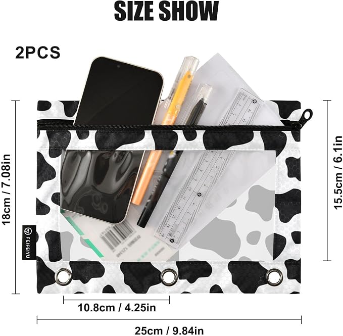 ALAZA Custom Personalized Your Name Pencil Pouch for 3 Ring Binder, Black and White Cow Print Binder Pencil Pouches with Clear Window Zipper Pencil Case Cosmetic Bags for Office College Supplies, 2PCS