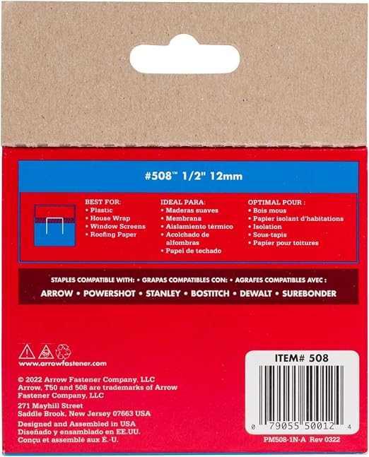 Arrow 508 Heavy Duty T50 1/2-Inch Leg Length, 3/8-Inch Crown, Staples for Upholstery, Construction, Furniture, Crafts, 1250 Count(Pack of 1) | Heavy Duty, For Upholstery, Construction, Furniture, Crafts, Fit Arrow T50 Staple Guns, Hammer Tackers and Pn...