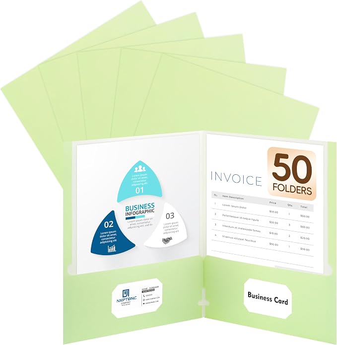 50 Packs Two Pocket Folders,Two Pocket File Folders with Business Card Slot,Light Green,Letter Size,Paper Folders with Pockets for School Office Home Business