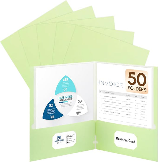 50 Packs Two Pocket Folders,Two Pocket File Folders with Business Card Slot,Light Green,Letter Size,Paper Folders with Pockets for School Office Home Business