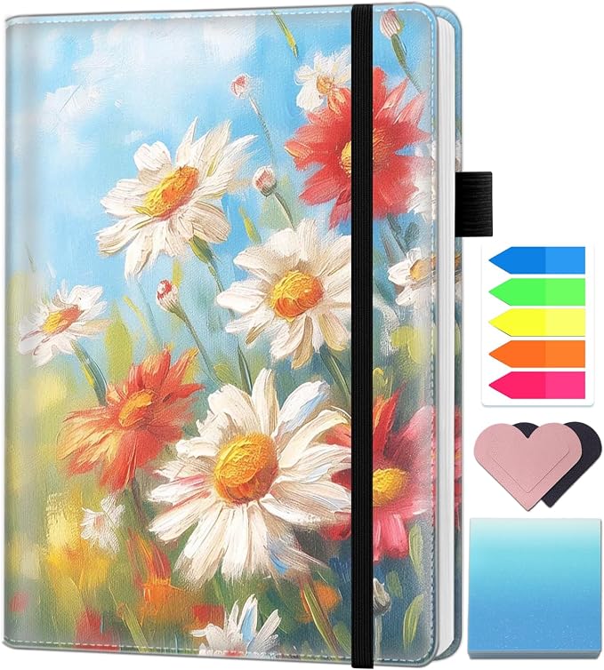 A5 Leather Lined Journal Notebook, 200 Pages Hardcover Executive Notebook for Men Women Office School Note Taking, Thick Writing Paper Daily Journal with Bookmarks/Indexes, Daisy Oil Painting