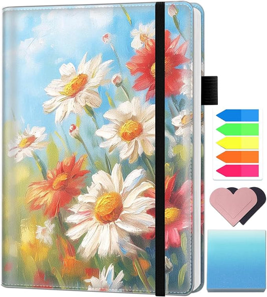 A5 Leather Lined Journal Notebook, 200 Pages Hardcover Executive Notebook for Men Women Office School Note Taking, Thick Writing Paper Daily Journal with Bookmarks/Indexes, Daisy Oil Painting