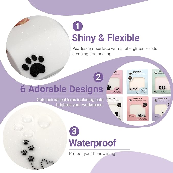 300-Sheet Pearlescent Cat Sticky Notes, 6 Pads | 300 Sheets Pearlescent Sticky Notes; Shimmering Glitter Translucent Memo Pads; Cat Design Self-Stick Notes for Planner