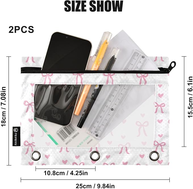 Gredecor 3 Ring Binder Pencil Pouch, Cute Bows Pink Bow Zippered Pen Case Pouches with Clear Window, 2 Pack Stylish Office & School Supplie