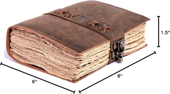 Leather Journal for Women & Men – Vintage Leather Bound Notebook with Lock, 200 Pages Handmade Deckle Edge Paper (200 GSM), Lay Flat Design, Book of Shadows