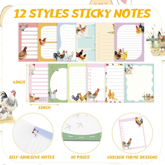 Chiisong 12 Pads Chicken Sticky Notes Cute Sticky Notes 3x4 Roosters Gifts for Women Chicken Funny Memos Animals Notepad Office Supplies Christmas Small Gifts