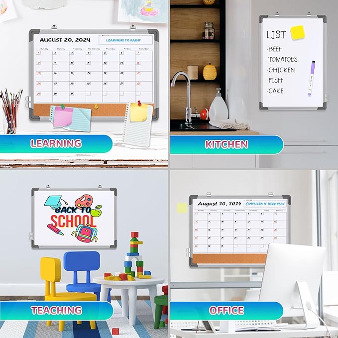 Monthly Calendar Whiteboard for Wall, 24x18 Inches Dry Erase Board with Cork Board Combo, Magnetic White Board, Double-Sided Hanging Portable Board for Office School Home Kitchen Planner Memo