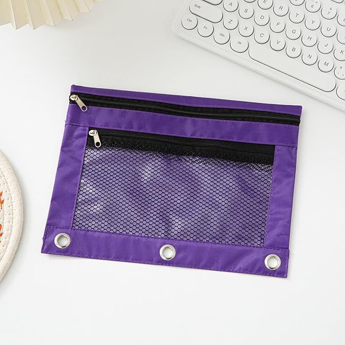 Pencil Pouch for 3 Ring Binder - 3 Hole Zipper Pen Case Bag Holder Bulk Accessories Clear Window Aesthetic Organizer Pockets