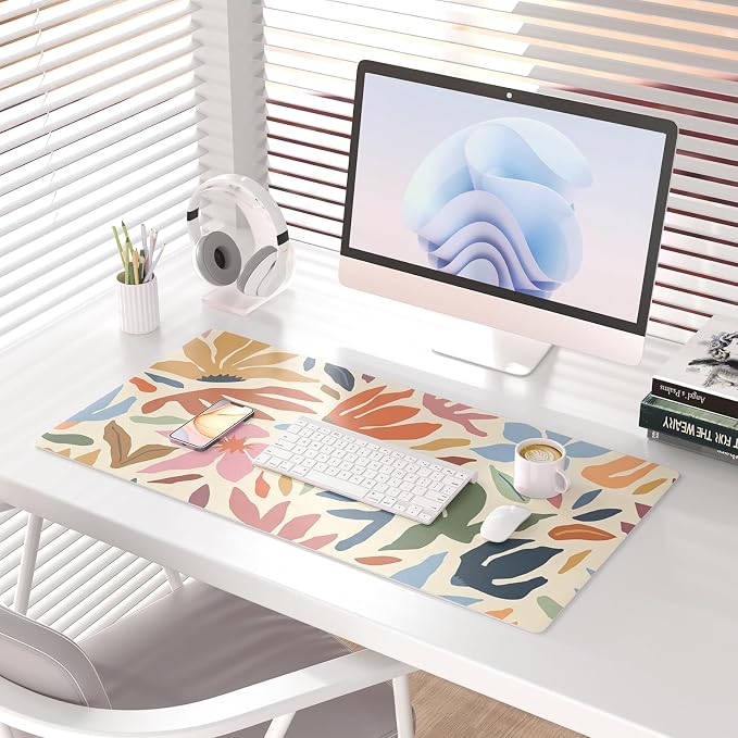 Colorful Star Abstract Floral PU Leather Large Mouse Pad, 31.5" x 15.7" | Waterproof Non-Slip Computer Gaming Desk Mat, XXL PC Laptop Protector Pads, Desk Writing Pads for Office Home