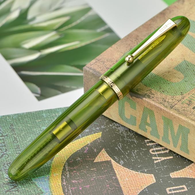 Jinhao 9019 DaDao Series Fountain Pen, Size 8 Medium Cardiogram Nib with Large Ink Converter, Transparent Olive Green Acrylic Design Smooth Writing Pen (Gold Trim)