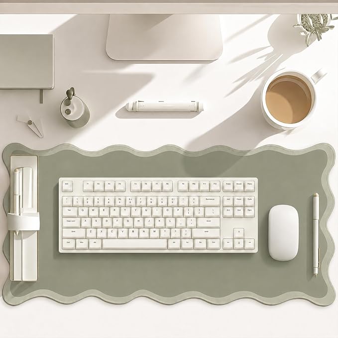 Hahafelt Scalloped Desk Mat Large Desk Pad Cute Coquette Table Mat Back to School Preppy Table Make up Pad Nonslip Graduation Gift with Stitching Waterproof Gaming(Sage Green,31.5 x 15.8 Inches)