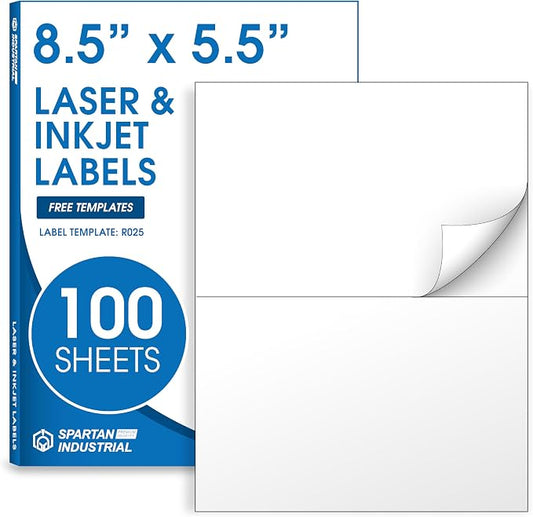 8.5" X 5.5" Matte White Printable Half Sheet Shipping Labels | (100 Sheets, 200 Stickers) Mailing and Address Labels for Laser & Inkjet Printers - Spartan Industrial Template R025