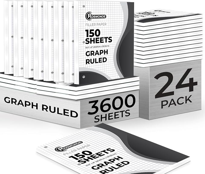 Rosmonde Loose Leaf Paper Bulk, 3600 Sheets, 24 Pack, Graph Ruled Sheets | Bulk Graph Paper, 8 x 10.5", 150 Sheets/Pack, 3 Hole Punch, Quad Ruled, Fits Standard Binders, Fights Ink Bleed, White