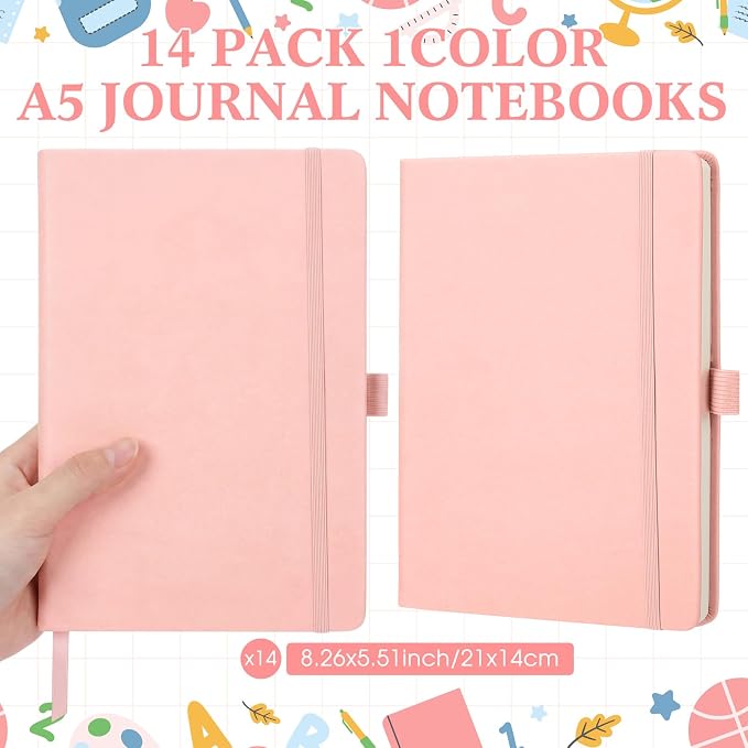 Laumoi 14 Pack Hardcover Journal Notebooks Bulk A5/A4/B5 Journaling Notebook Wide Ruled PU Leather Ruled Lined Journals with Pen Holder for School Business Work Writing (Pink,A5)