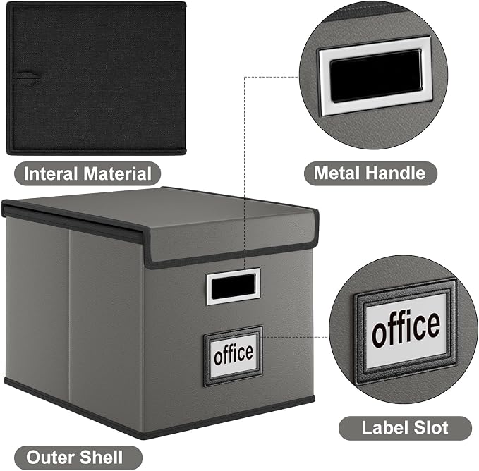 File Organizer Boxes with Lids, Collapsible Faux Leather Hanging File Folder Box Organizer with Plastic Slide, Decorative Home/Office Filing System Boxes for File and Folders Storage
