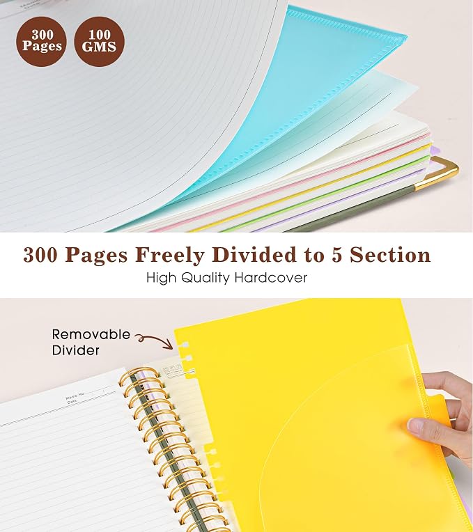 Hardcover Large Spiral Notebook journal with Removable Dividers Tabs, 300 pages Leather 5 Subject Notebook College Ruled, 8" x 10"Journal for Women Men, Notebooks for Work School Note taking,B5 Green