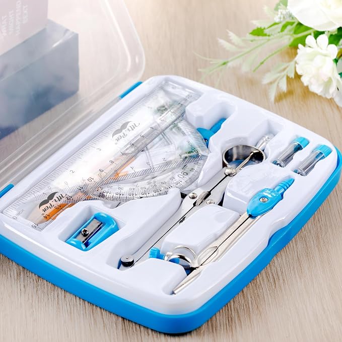 Mr. Pen 13 Piece Geometry Set with Shatterproof Storage Box, Blue | 45° & 30°/60° Set Squares, Pencils, Lead Refills, Sharpener & Eraser for Math, Drafting & Classroom Use