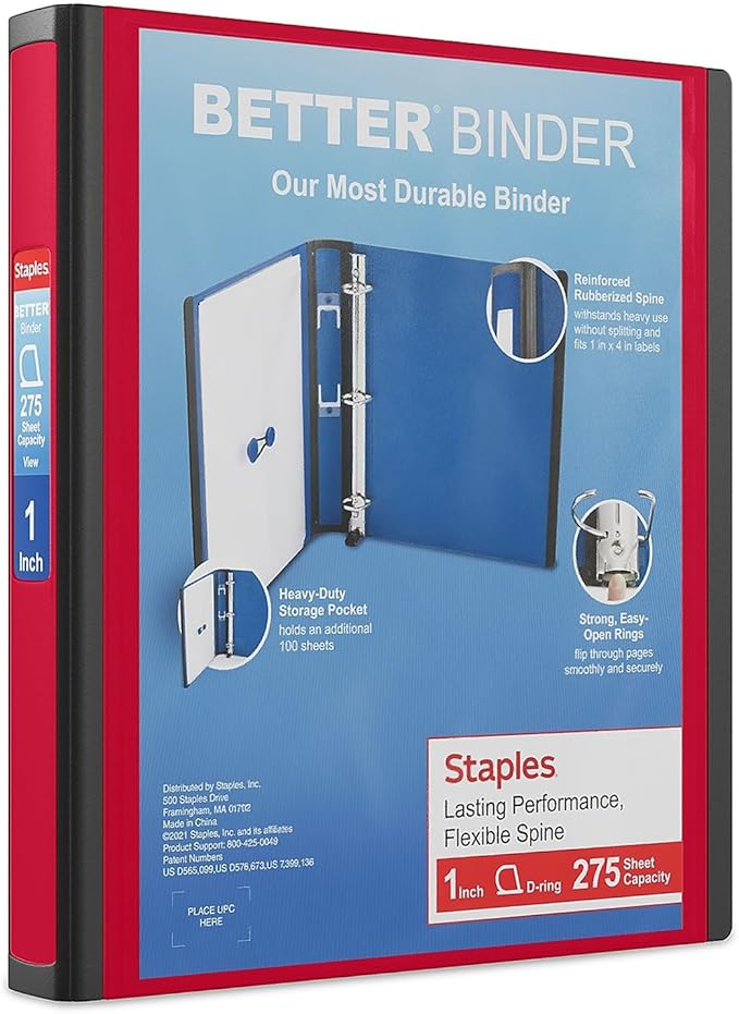 Staples Heavy-Duty 1-Inch D-Ring Binder, Red – 3-Ring Binder with Removable Spine Label, Durable Polypropylene for School & Office