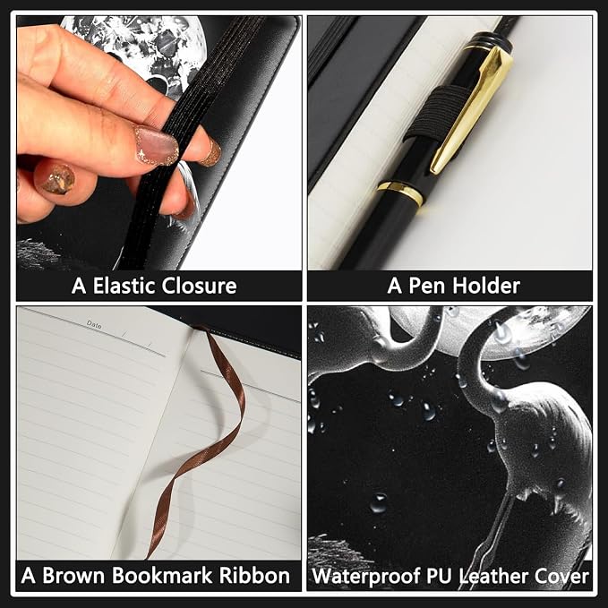 A5 Leather Lined Journal Notebook, 200 Pages Hardcover Executive Notebook for Men Women Office School Note Taking, Thick Writing Paper Daily Journal with Bookmarks/Indexes, Flamingo Moon