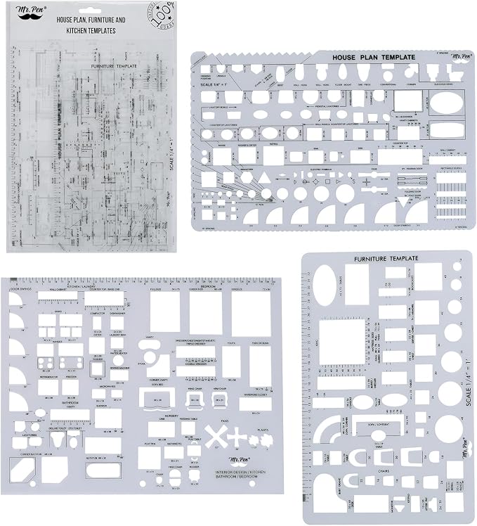 Mr. Pen- House Plan, 3 pcs, Interior Design and Furniture Templates | Clear Flexible Plastic, Drafting Tools, Ruler Shapes for Architecture, 1/4 Inch Scale, Kitchen, Bath, Bedroom, Office
