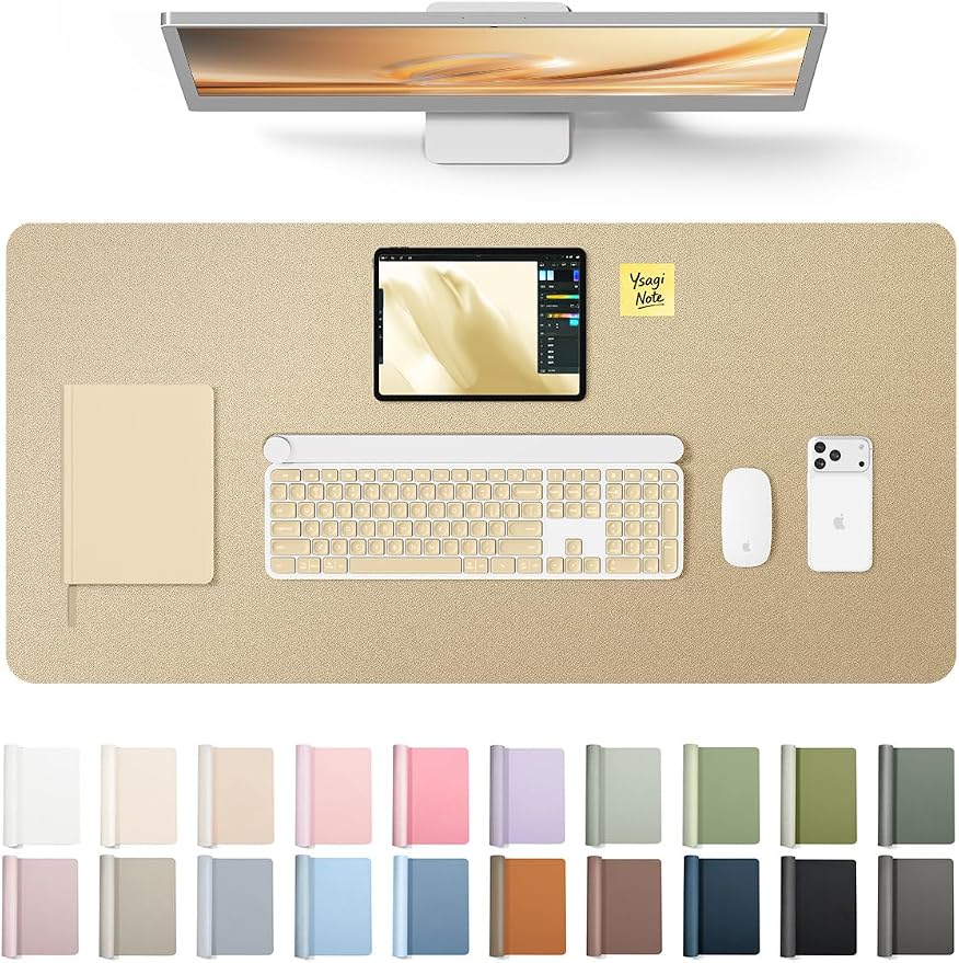 YSAGi Leather Desk Pad Protector, Office Desk Mat, Large Mouse Pad, Non-Slip PU Leather Desk Blotter, Laptop Desk Pad, Waterproof Desk Writing Pad for Office and Home (Gold, 31.5" x 15.8")