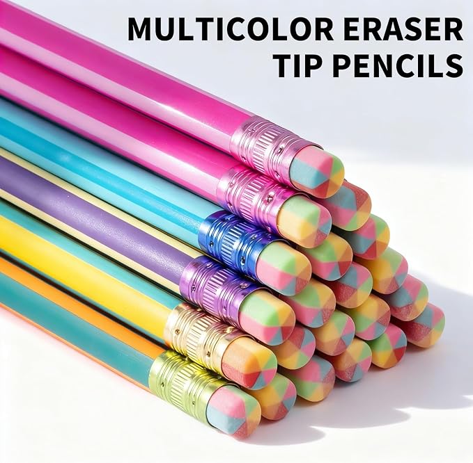 M&G Aurora Series 24 Pack 2B Triangular Wood-Cased Pencils, Pre-Sharpened with Erasers, Smooth Writing Break-Resistant Core, 6 Two-Tone Striped Colors for School Office Drawing Classroom Supplies