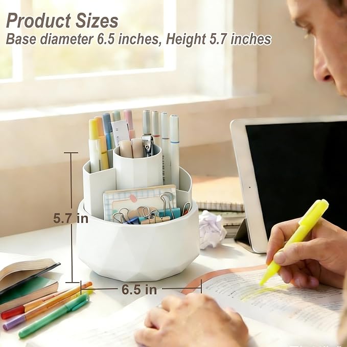 360° Rotating Pen Holder, Large Capacity Pencil Organizer with 4 Compartments for Office and Art Supplies (White)