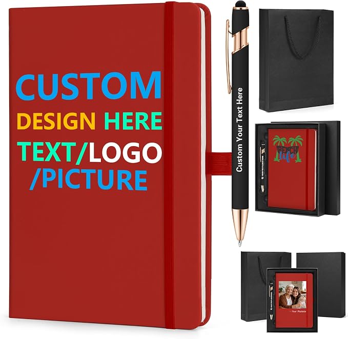 ENOMY Personalized Notebook Writing Set A5 Journal PU Leather Custom Notebook 200 Lined Pages Business Notebook with Metal Pen Gift Box for Holiday College Birthday Business Gift, Red